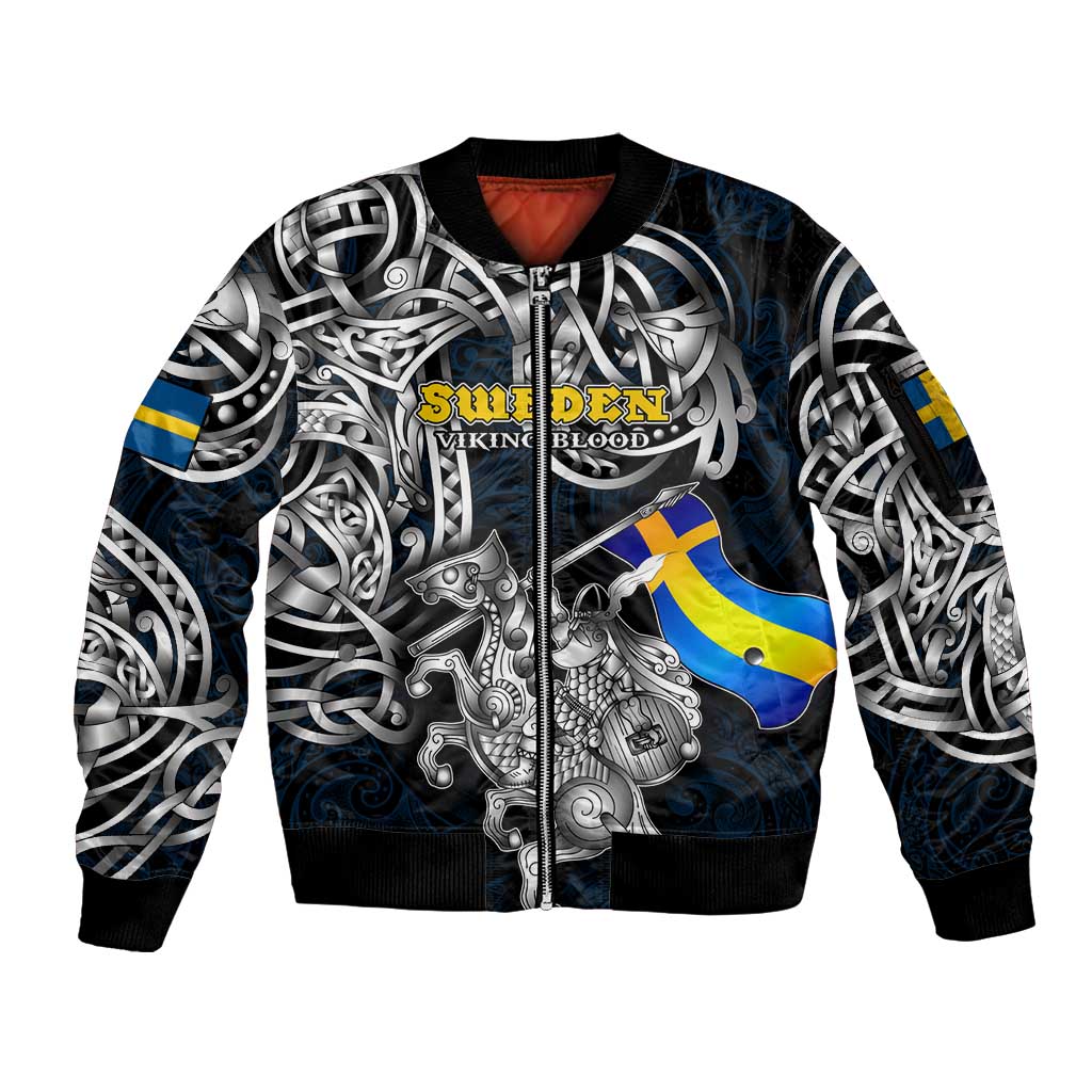 Personalized Sweden Viking Blood Sleeve Zip Bomber Jacket Nordic Runes and Shield of Ancestry in Tribal Knotwork