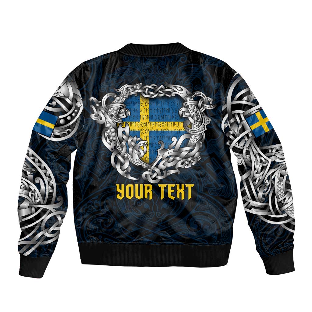 Personalized Sweden Viking Blood Sleeve Zip Bomber Jacket Nordic Runes and Shield of Ancestry in Tribal Knotwork
