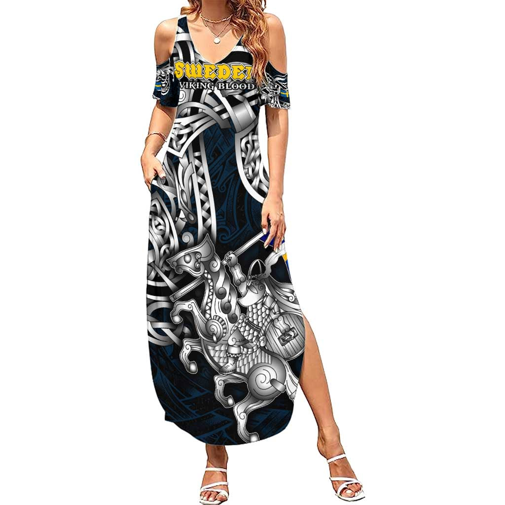 Personalized Sweden Viking Blood Summer Maxi Dress Nordic Runes and Shield of Ancestry in Tribal Knotwork