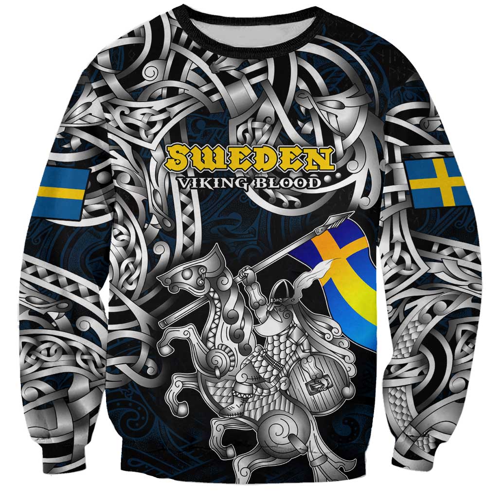 Personalized Sweden Viking Blood Sweatshirt Nordic Runes and Shield of Ancestry in Tribal Knotwork