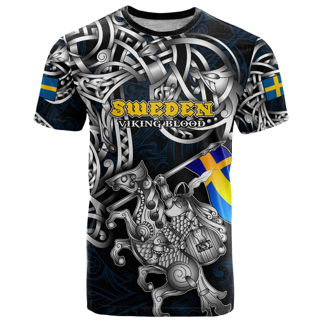 Personalized Sweden Viking Blood T Shirt Nordic Runes and Shield of Ancestry in Tribal Knotwork
