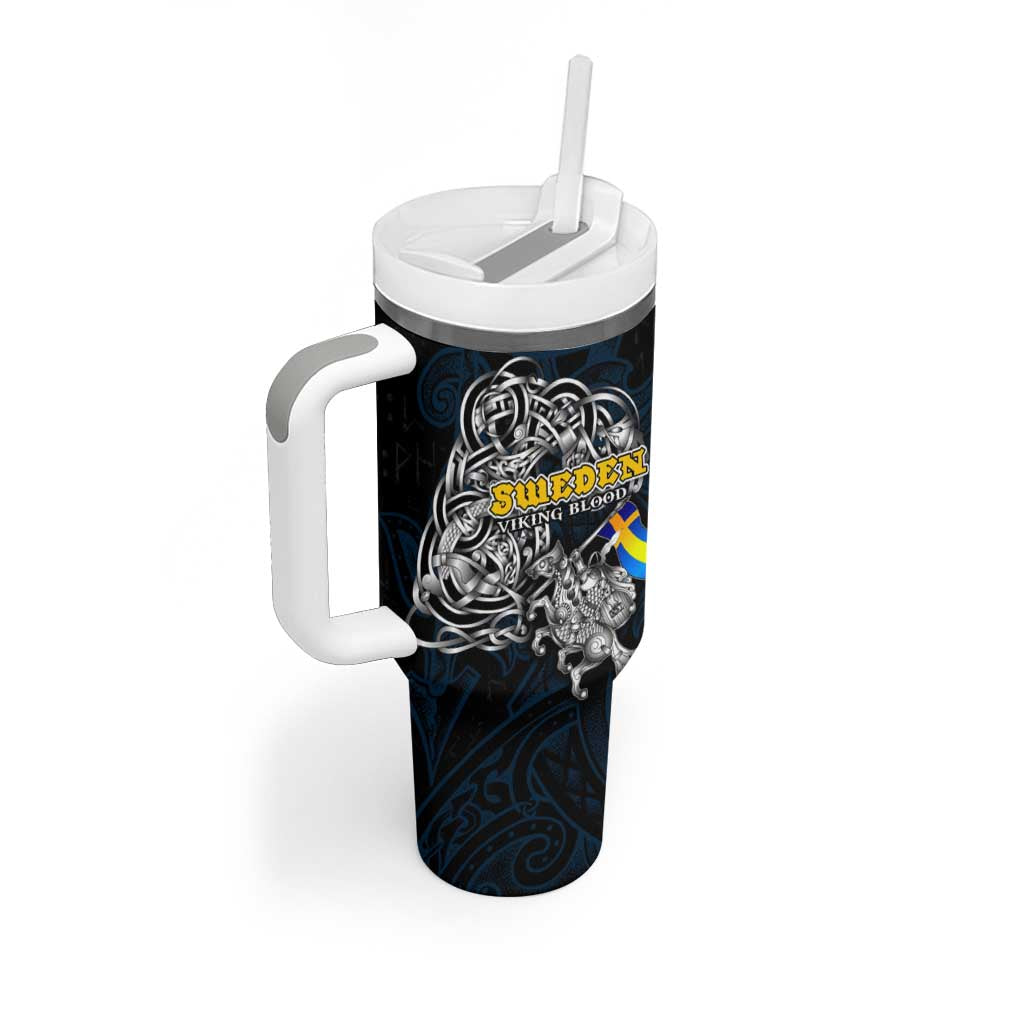 Sweden Viking Blood Tumbler With Handle Nordic Runes and Shield of Ancestry in Tribal Knotwork