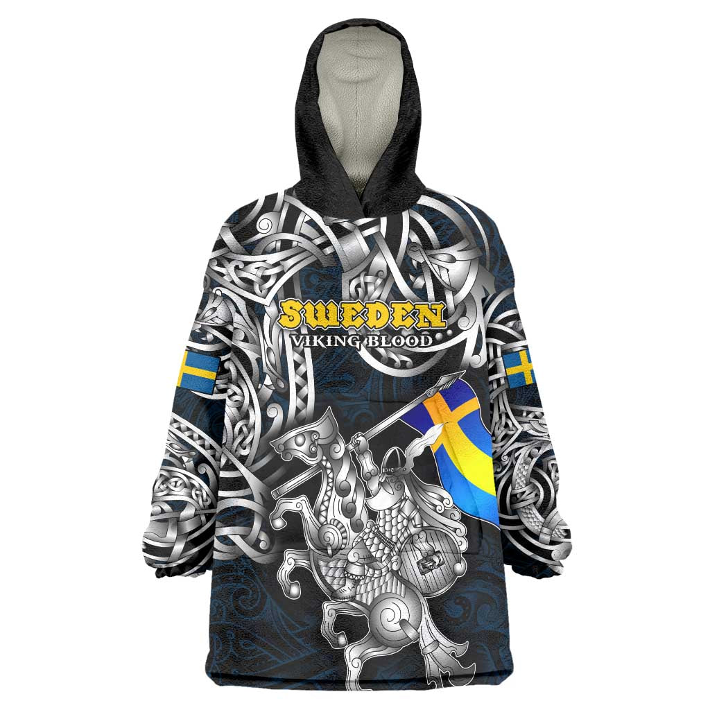 Personalized Sweden Viking Blood Wearable Blanket Hoodie Nordic Runes and Shield of Ancestry in Tribal Knotwork