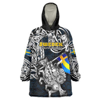 Personalized Sweden Viking Blood Wearable Blanket Hoodie Nordic Runes and Shield of Ancestry in Tribal Knotwork