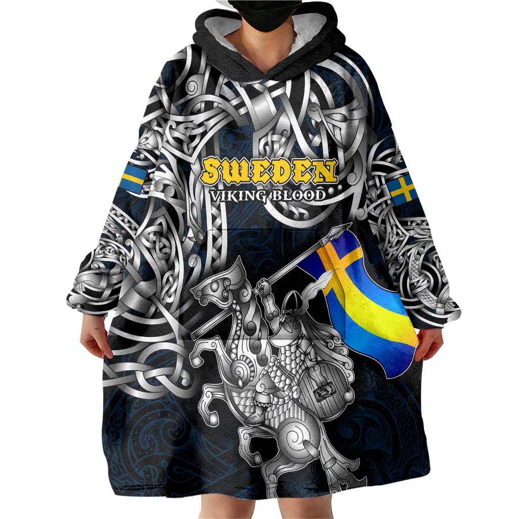 Personalized Sweden Viking Blood Wearable Blanket Hoodie Nordic Runes and Shield of Ancestry in Tribal Knotwork