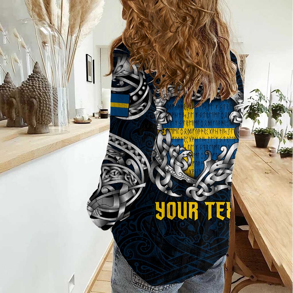 Personalized Sweden Viking Blood Women Casual Shirt Nordic Runes and Shield of Ancestry in Tribal Knotwork