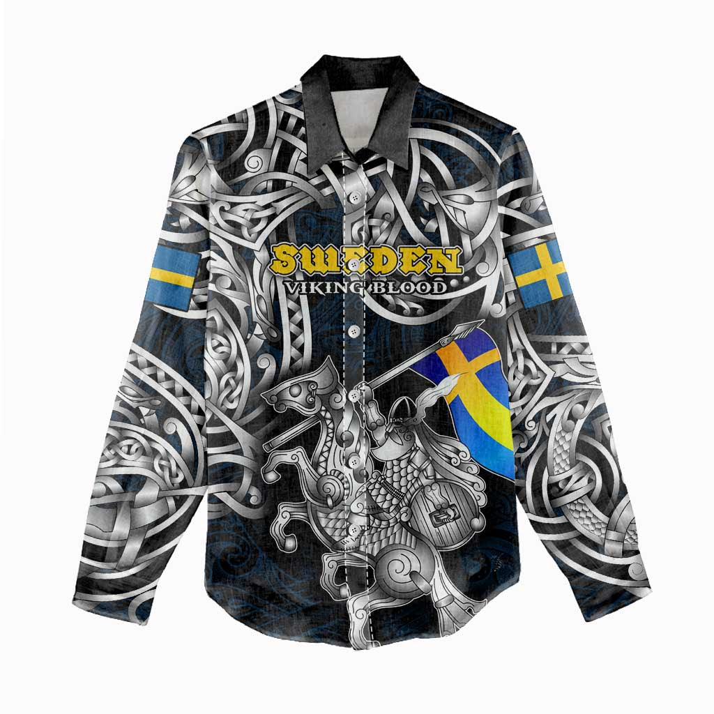 Personalized Sweden Viking Blood Women Casual Shirt Nordic Runes and Shield of Ancestry in Tribal Knotwork