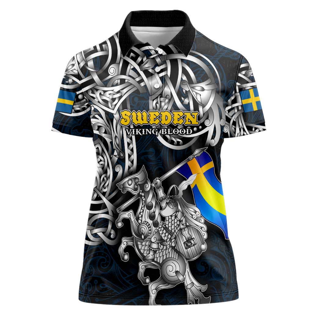 Personalized Sweden Viking Blood Women Polo Shirt Nordic Runes and Shield of Ancestry in Tribal Knotwork