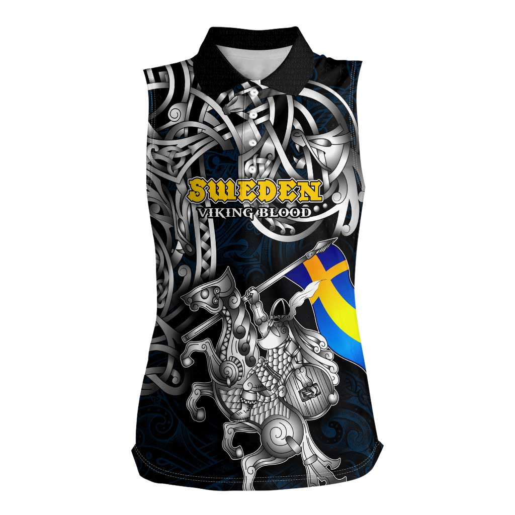 Personalized Sweden Viking Blood Women Sleeveless Polo Shirt Nordic Runes and Shield of Ancestry in Tribal Knotwork