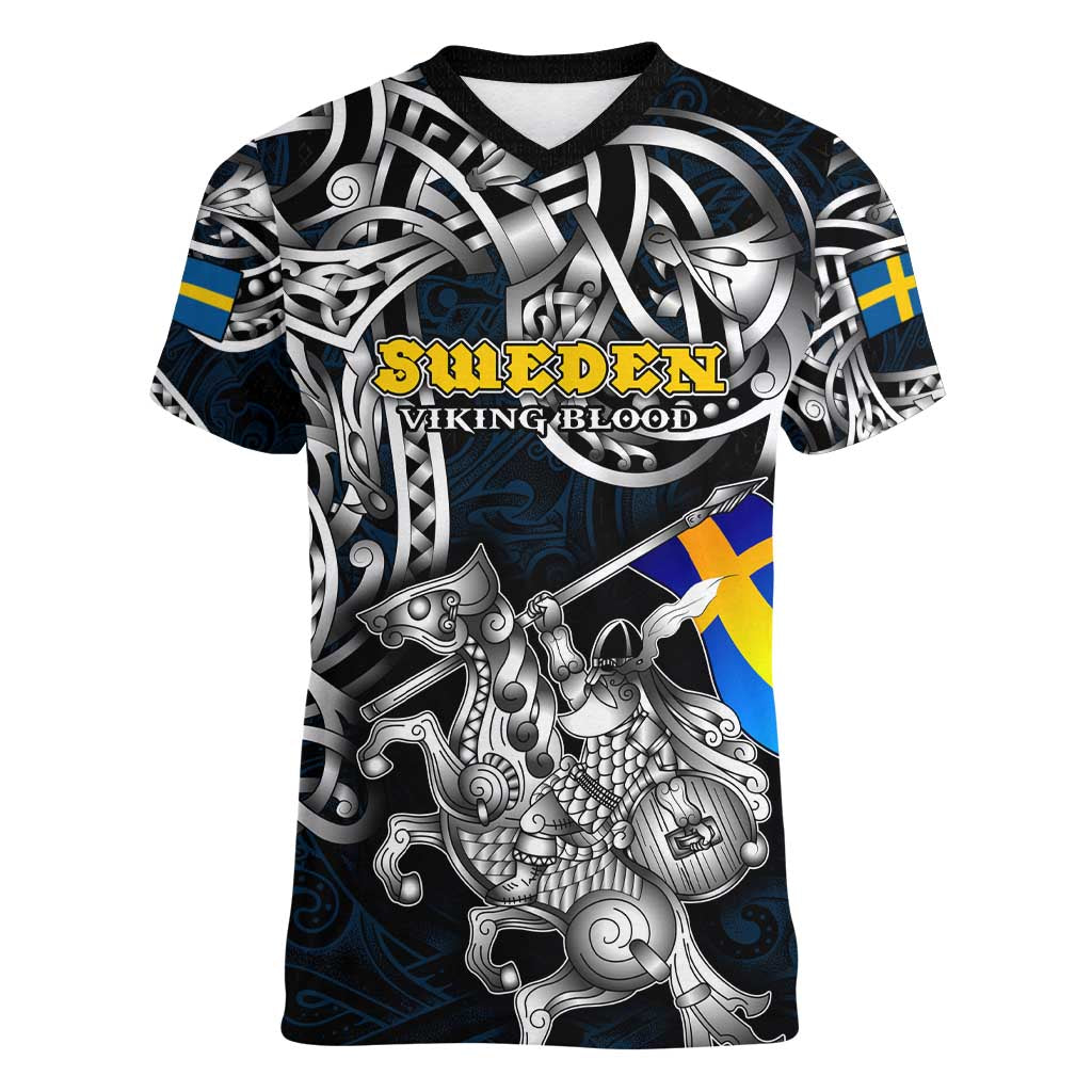Personalized Sweden Viking Blood Women V-Neck T-Shirt Nordic Runes and Shield of Ancestry in Tribal Knotwork