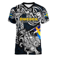 Personalized Sweden Viking Blood Women V-Neck T-Shirt Nordic Runes and Shield of Ancestry in Tribal Knotwork