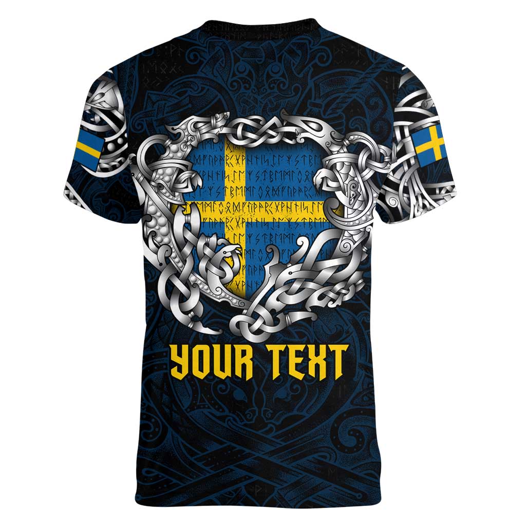 Personalized Sweden Viking Blood Women V-Neck T-Shirt Nordic Runes and Shield of Ancestry in Tribal Knotwork