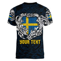 Personalized Sweden Viking Blood Women V-Neck T-Shirt Nordic Runes and Shield of Ancestry in Tribal Knotwork