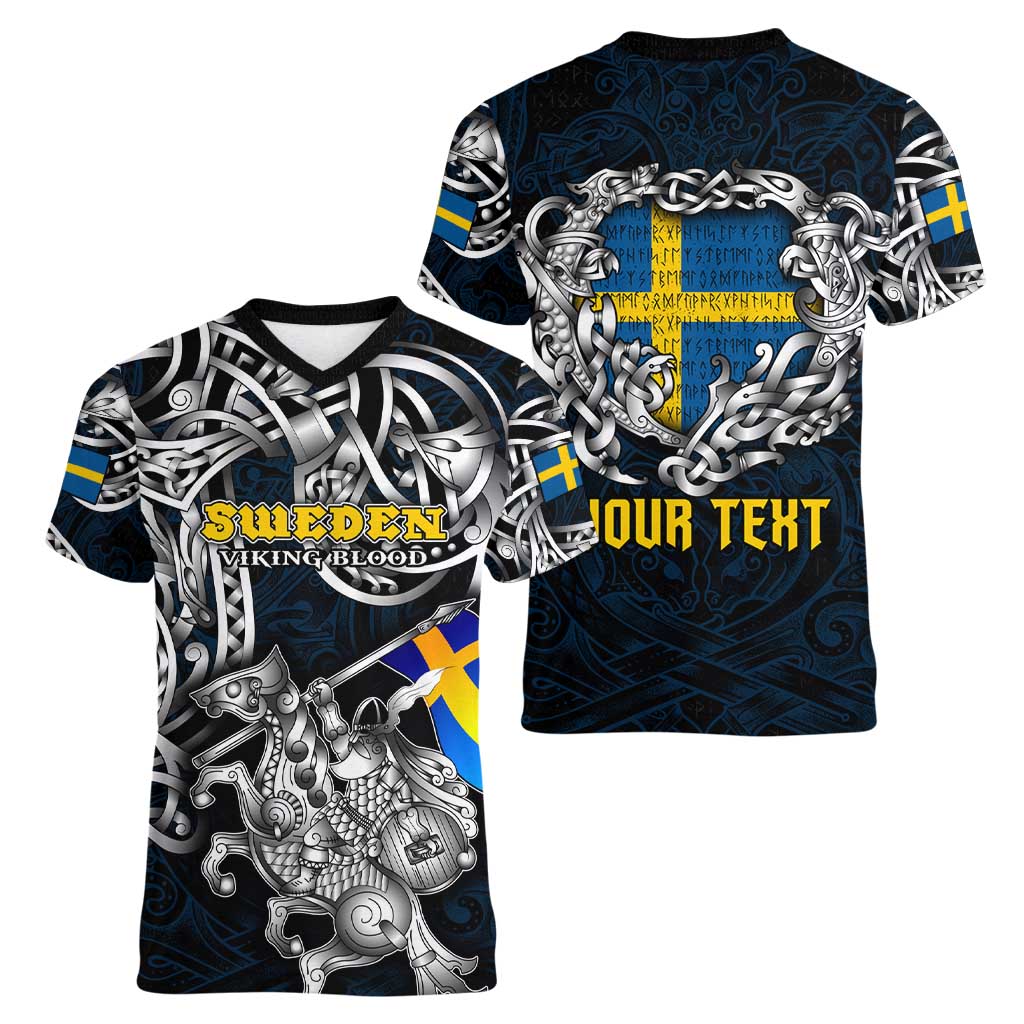 Personalized Sweden Viking Blood Women V-Neck T-Shirt Nordic Runes and Shield of Ancestry in Tribal Knotwork