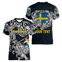 Personalized Sweden Viking Blood Women V-Neck T-Shirt Nordic Runes and Shield of Ancestry in Tribal Knotwork