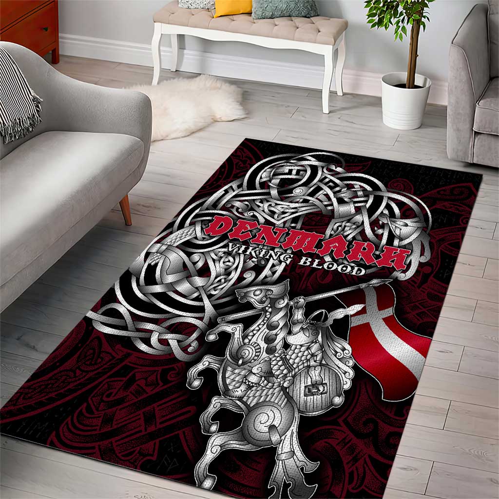 Denmark Viking Blood Area Rug Nordic Runes and Shield of Ancestry in Tribal Knotwork