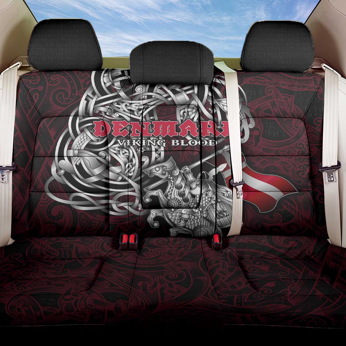 Denmark Viking Blood Back Car Seat Cover Nordic Runes and Shield of Ancestry in Tribal Knotwork