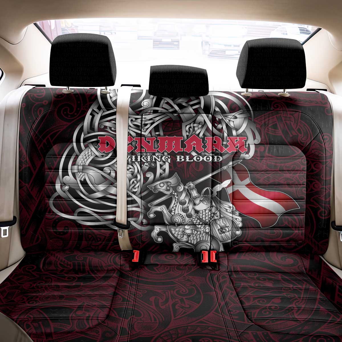 Denmark Viking Blood Back Car Seat Cover Nordic Runes and Shield of Ancestry in Tribal Knotwork