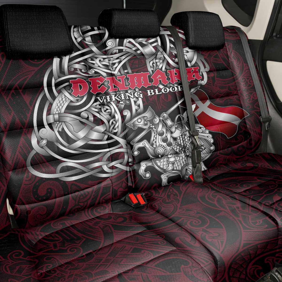 Denmark Viking Blood Back Car Seat Cover Nordic Runes and Shield of Ancestry in Tribal Knotwork