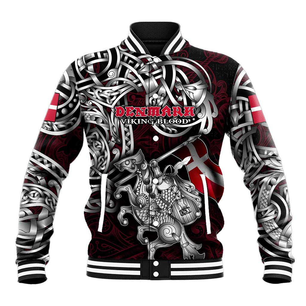 Personalized Denmark Viking Blood Baseball Jacket Nordic Runes and Shield of Ancestry in Tribal Knotwork