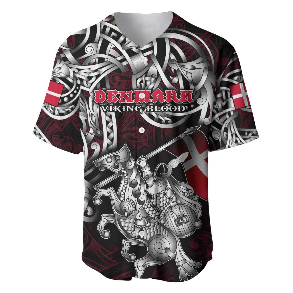Personalized Denmark Viking Blood Baseball Jersey Nordic Runes and Shield of Ancestry in Tribal Knotwork