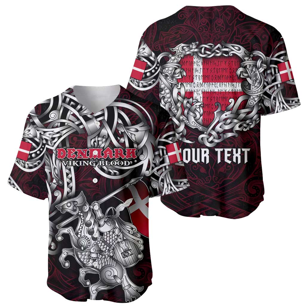 Personalized Denmark Viking Blood Baseball Jersey Nordic Runes and Shield of Ancestry in Tribal Knotwork