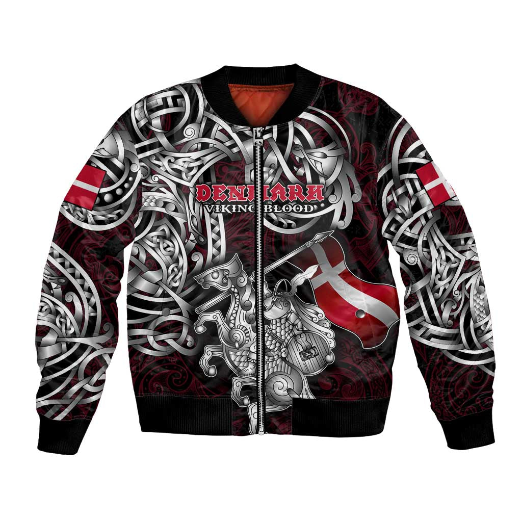 Personalized Denmark Viking Blood Bomber Jacket Nordic Runes and Shield of Ancestry in Tribal Knotwork
