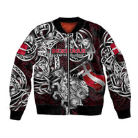 Personalized Denmark Viking Blood Bomber Jacket Nordic Runes and Shield of Ancestry in Tribal Knotwork