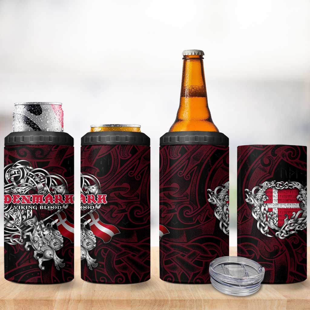 Denmark Viking Blood 4 in 1 Can Cooler Tumbler Nordic Runes and Shield of Ancestry in Tribal Knotwork