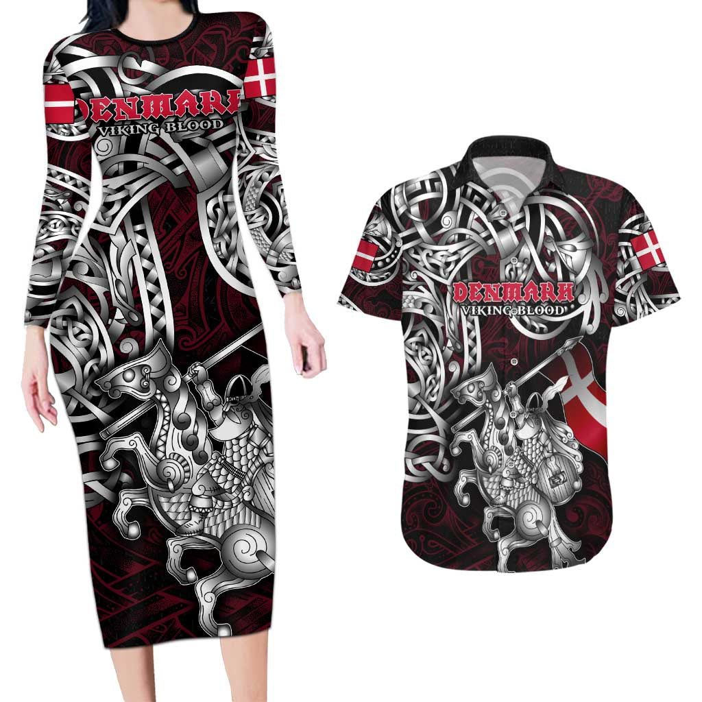 Personalized Denmark Viking Blood Couples Matching Long Sleeve Bodycon Dress and Hawaiian Shirt Nordic Runes and Shield of Ancestry in Tribal Knotwork