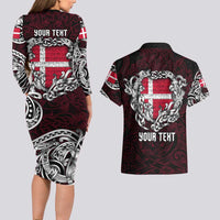 Personalized Denmark Viking Blood Couples Matching Long Sleeve Bodycon Dress and Hawaiian Shirt Nordic Runes and Shield of Ancestry in Tribal Knotwork