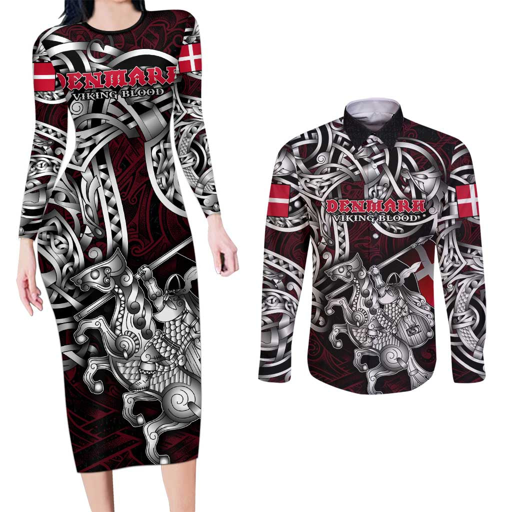 Personalized Denmark Viking Blood Couples Matching Long Sleeve Bodycon Dress and Long Sleeve Button Shirt Nordic Runes and Shield of Ancestry in Tribal Knotwork