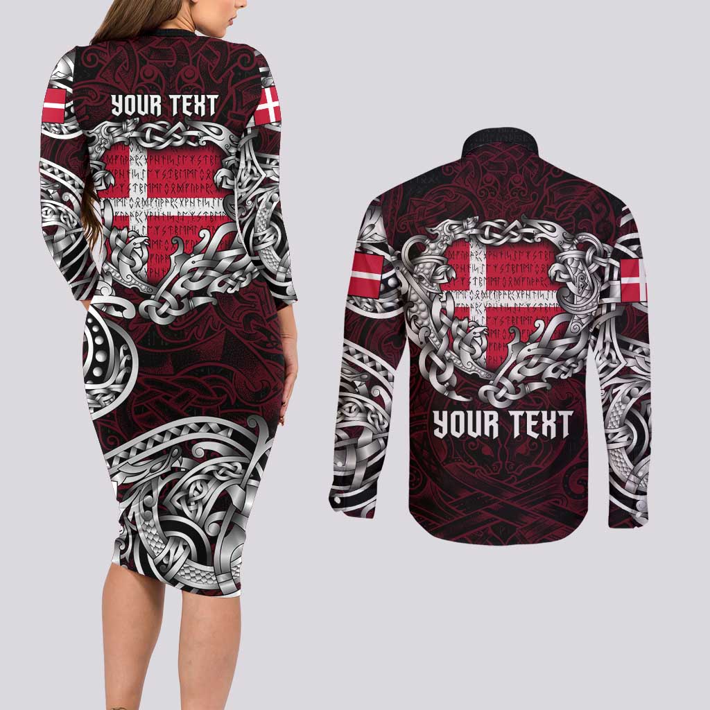 Personalized Denmark Viking Blood Couples Matching Long Sleeve Bodycon Dress and Long Sleeve Button Shirt Nordic Runes and Shield of Ancestry in Tribal Knotwork
