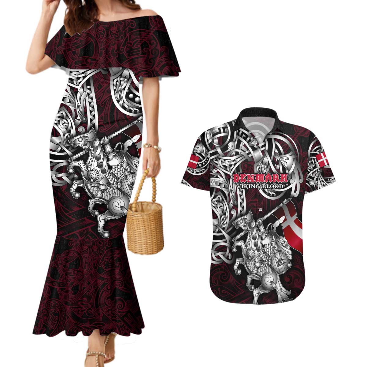 Personalized Denmark Viking Blood Couples Matching Mermaid Dress and Hawaiian Shirt Nordic Runes and Shield of Ancestry in Tribal Knotwork