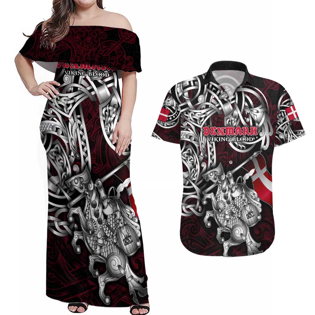 Personalized Denmark Viking Blood Couples Matching Off Shoulder Maxi Dress and Hawaiian Shirt Nordic Runes and Shield of Ancestry in Tribal Knotwork