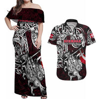 Personalized Denmark Viking Blood Couples Matching Off Shoulder Maxi Dress and Hawaiian Shirt Nordic Runes and Shield of Ancestry in Tribal Knotwork