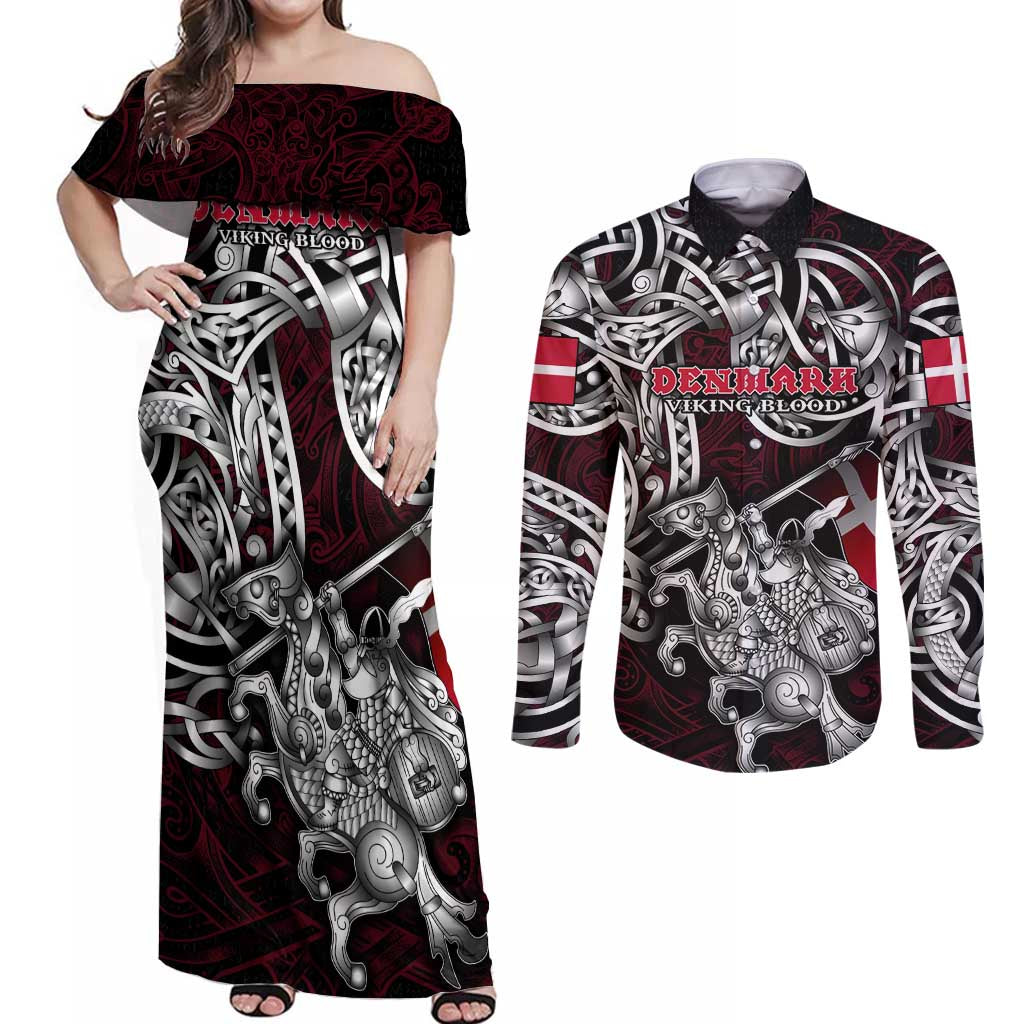 Personalized Denmark Viking Blood Couples Matching Off Shoulder Maxi Dress and Long Sleeve Button Shirt Nordic Runes and Shield of Ancestry in Tribal Knotwork