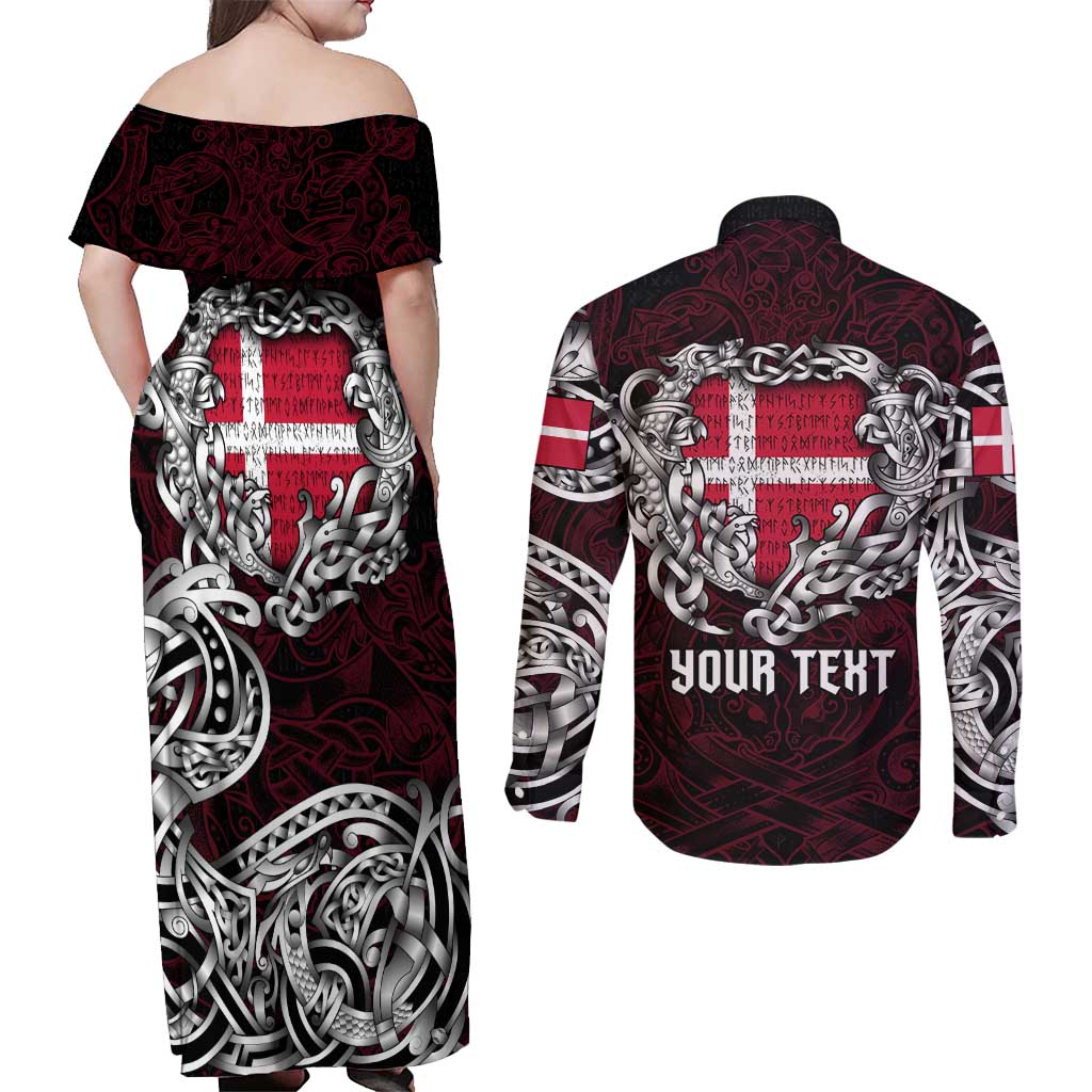 Personalized Denmark Viking Blood Couples Matching Off Shoulder Maxi Dress and Long Sleeve Button Shirt Nordic Runes and Shield of Ancestry in Tribal Knotwork