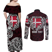 Personalized Denmark Viking Blood Couples Matching Off Shoulder Maxi Dress and Long Sleeve Button Shirt Nordic Runes and Shield of Ancestry in Tribal Knotwork