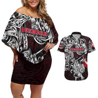 Personalized Denmark Viking Blood Couples Matching Off Shoulder Short Dress and Hawaiian Shirt Nordic Runes and Shield of Ancestry in Tribal Knotwork