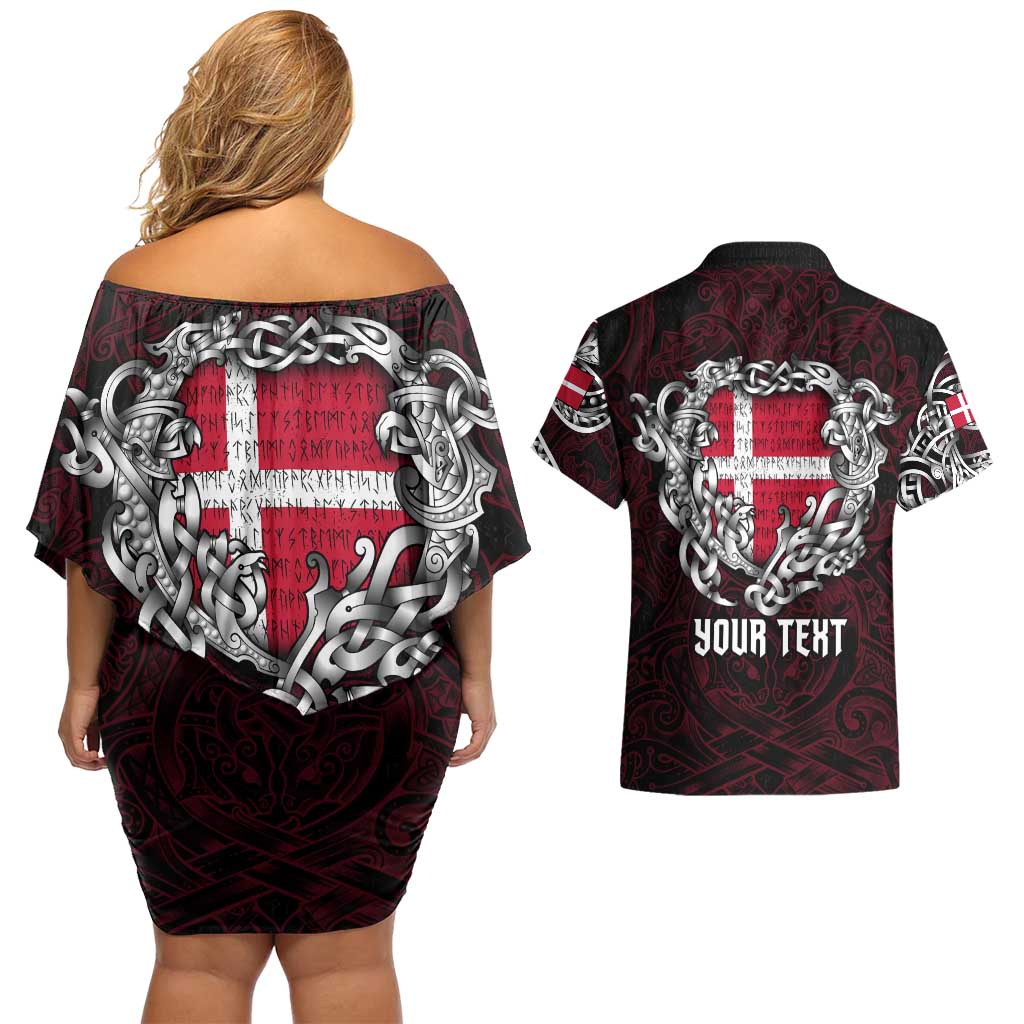 Personalized Denmark Viking Blood Couples Matching Off Shoulder Short Dress and Hawaiian Shirt Nordic Runes and Shield of Ancestry in Tribal Knotwork