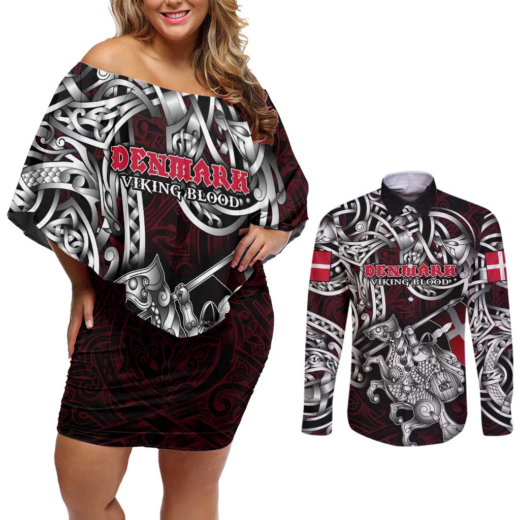 Personalized Denmark Viking Blood Couples Matching Off Shoulder Short Dress and Long Sleeve Button Shirt Nordic Runes and Shield of Ancestry in Tribal Knotwork