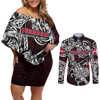 Personalized Denmark Viking Blood Couples Matching Off Shoulder Short Dress and Long Sleeve Button Shirt Nordic Runes and Shield of Ancestry in Tribal Knotwork