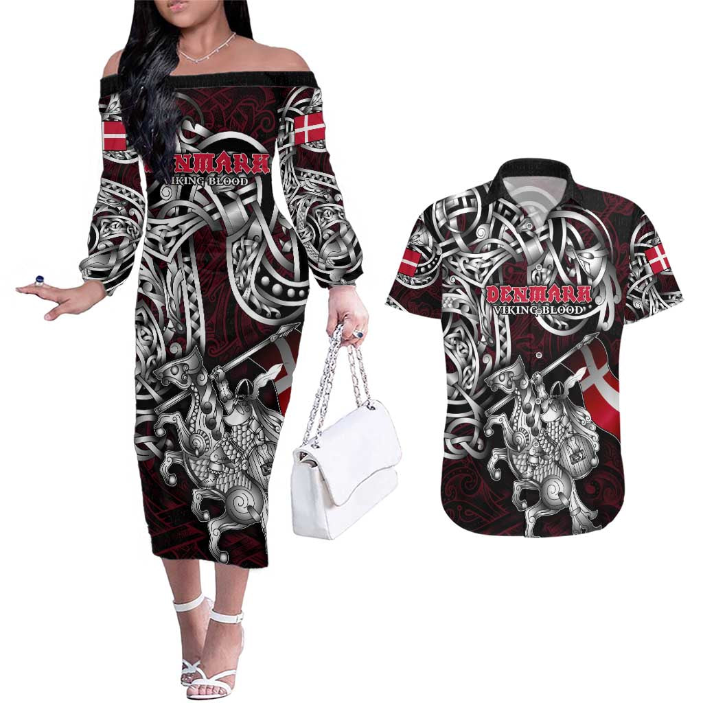 Personalized Denmark Viking Blood Couples Matching Off The Shoulder Long Sleeve Dress and Hawaiian Shirt Nordic Runes and Shield of Ancestry in Tribal Knotwork