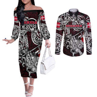 Personalized Denmark Viking Blood Couples Matching Off The Shoulder Long Sleeve Dress and Long Sleeve Button Shirt Nordic Runes and Shield of Ancestry in Tribal Knotwork