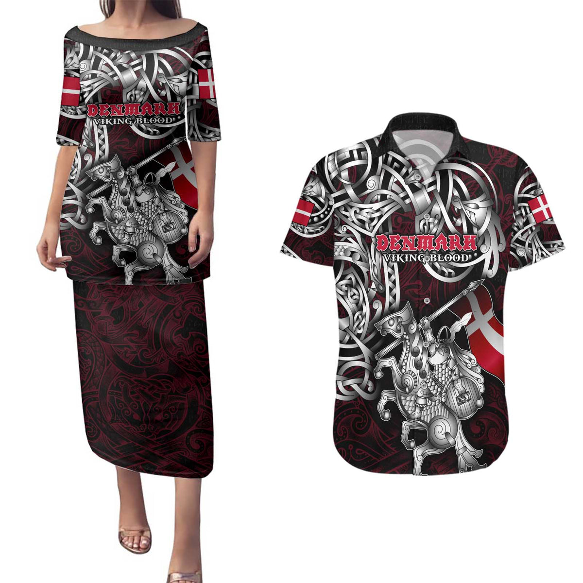 Personalized Denmark Viking Blood Couples Matching Puletasi and Hawaiian Shirt Nordic Runes and Shield of Ancestry in Tribal Knotwork
