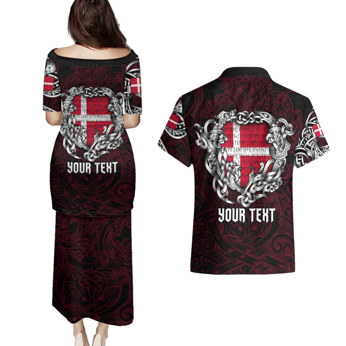 Personalized Denmark Viking Blood Couples Matching Puletasi and Hawaiian Shirt Nordic Runes and Shield of Ancestry in Tribal Knotwork