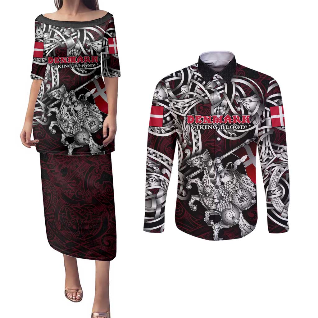 Personalized Denmark Viking Blood Couples Matching Puletasi and Long Sleeve Button Shirt Nordic Runes and Shield of Ancestry in Tribal Knotwork