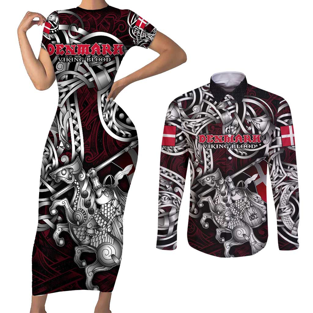 Personalized Denmark Viking Blood Couples Matching Short Sleeve Bodycon Dress and Long Sleeve Button Shirt Nordic Runes and Shield of Ancestry in Tribal Knotwork