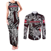 Personalized Denmark Viking Blood Couples Matching Tank Maxi Dress and Long Sleeve Button Shirt Nordic Runes and Shield of Ancestry in Tribal Knotwork